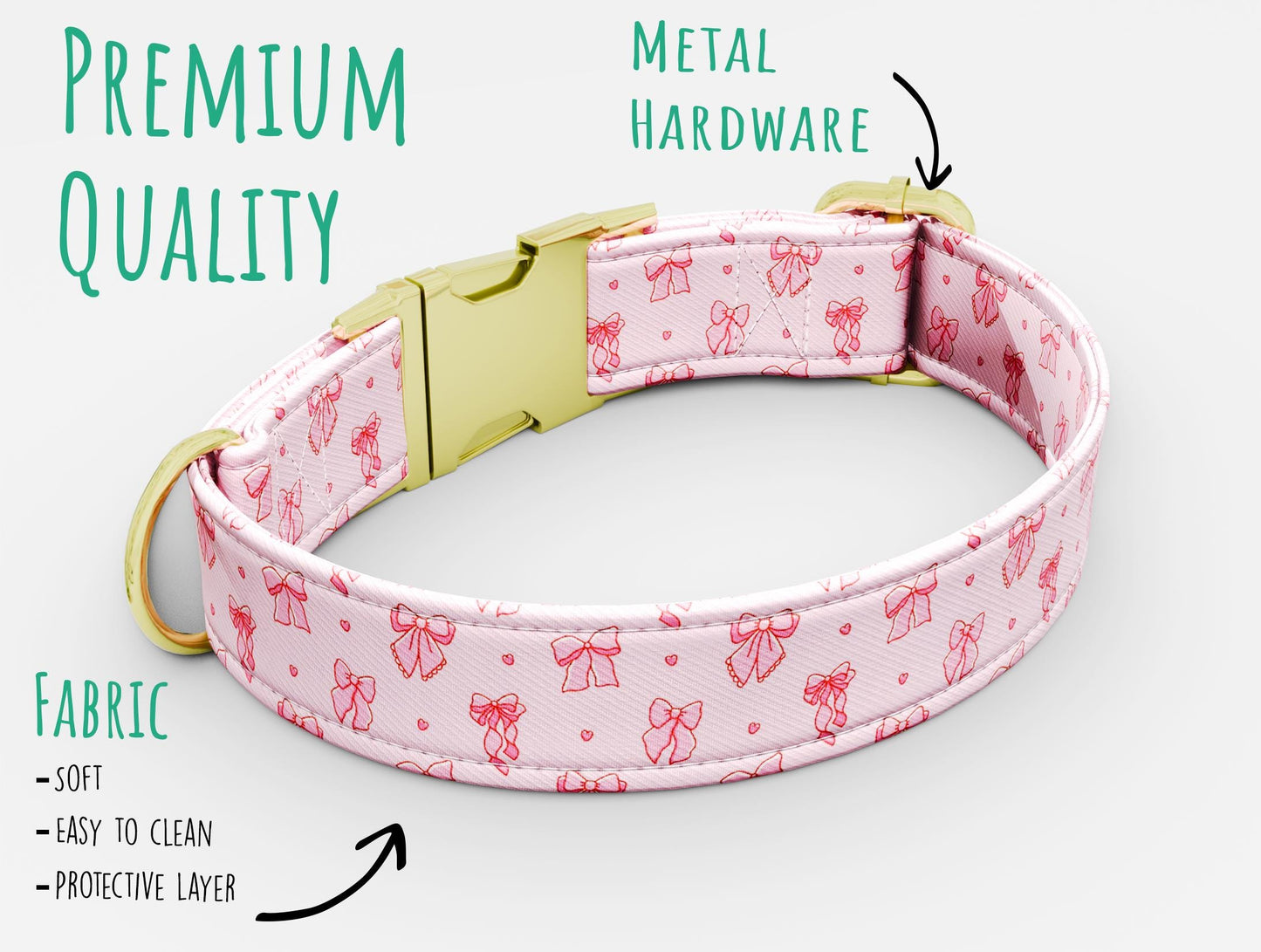 Personalized Pink Bow Dog Collar with Leash: Girly Blush Style, USA Handmade
