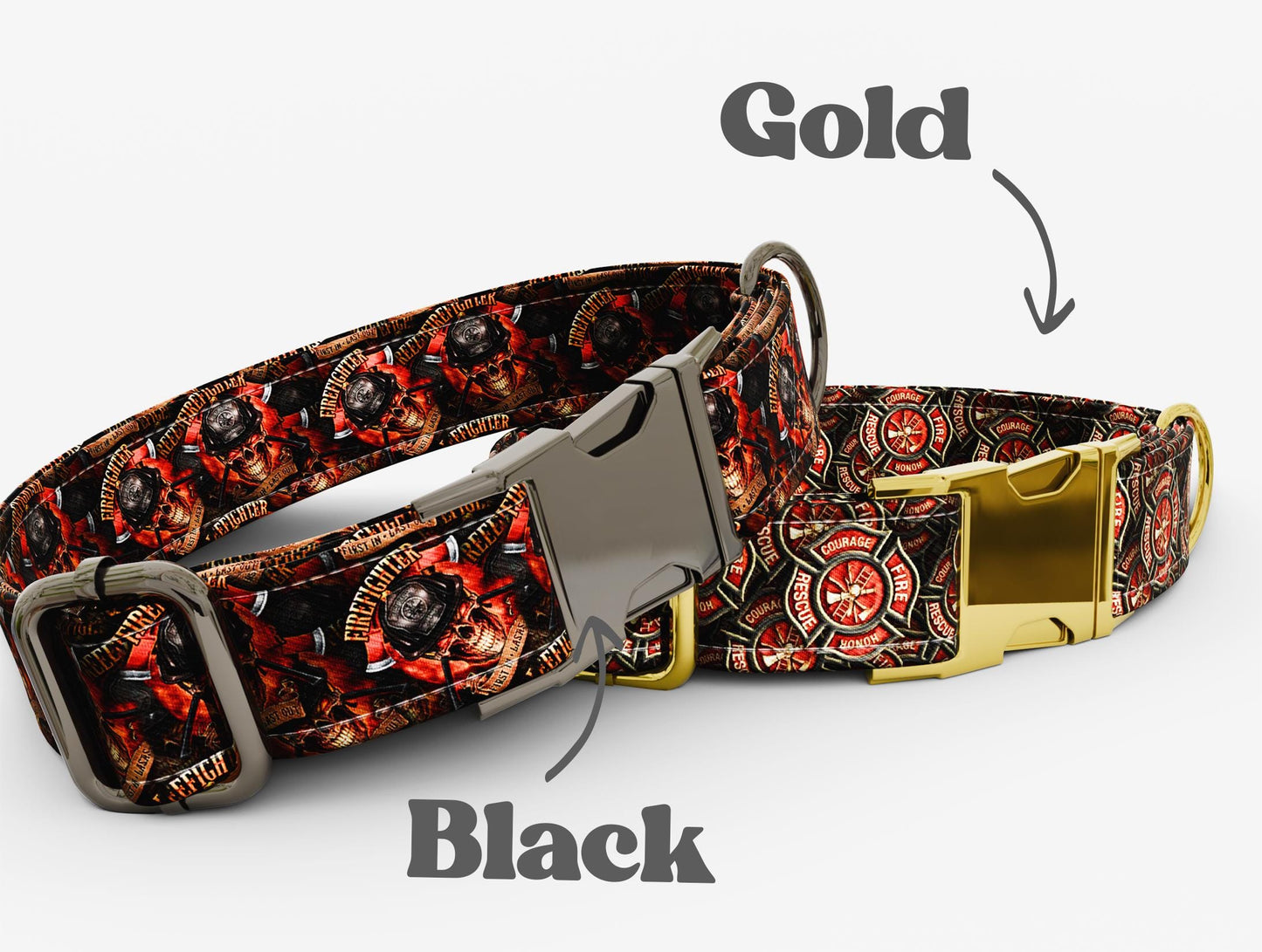 Personalized Firefighter Dog Collar with Leash: Flame Skull Style, Adjustable Metal Buckle