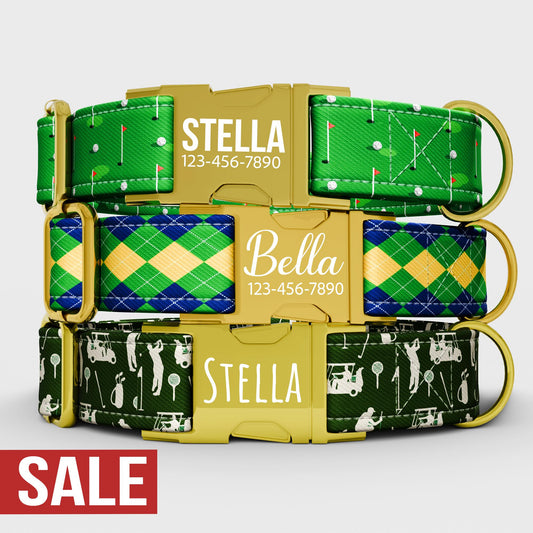 Personalized Golf Dog Collar with Leash: Green Plaid, Adjustable Metal Buckle
