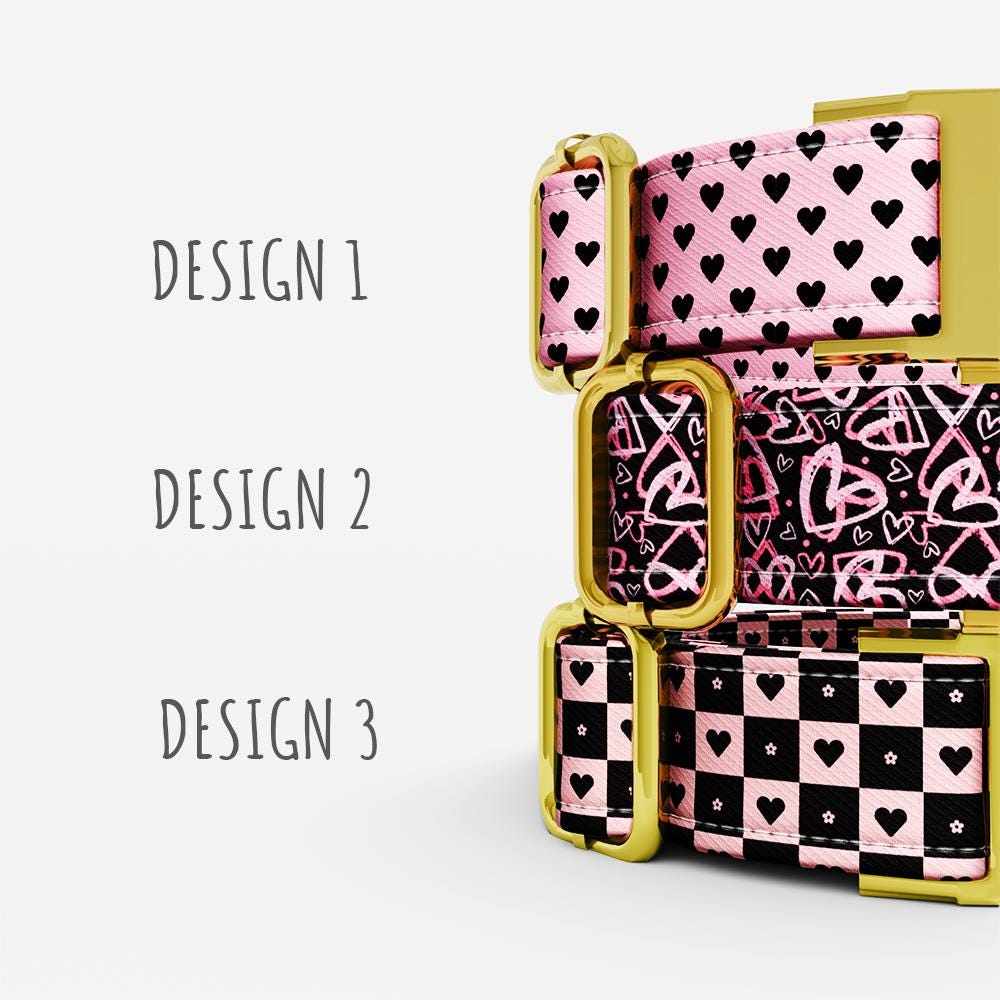 Personalized Pink & Black Hearts Dog Collar with Leash: Custom Valentine's Theme