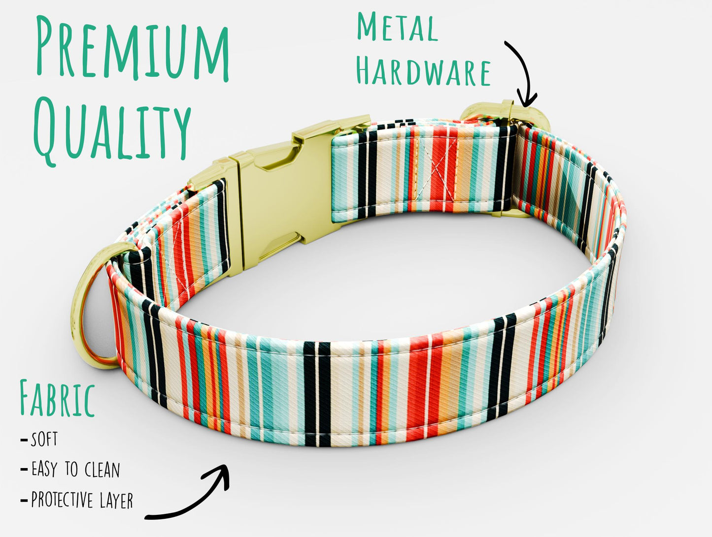 Personalized Striped Dog Collar with Leash: Adjustable Metal Buckle, Handmade in USA