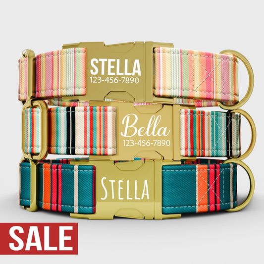Personalized Striped Dog Collar with Leash: Adjustable Metal Buckle, Handmade in USA