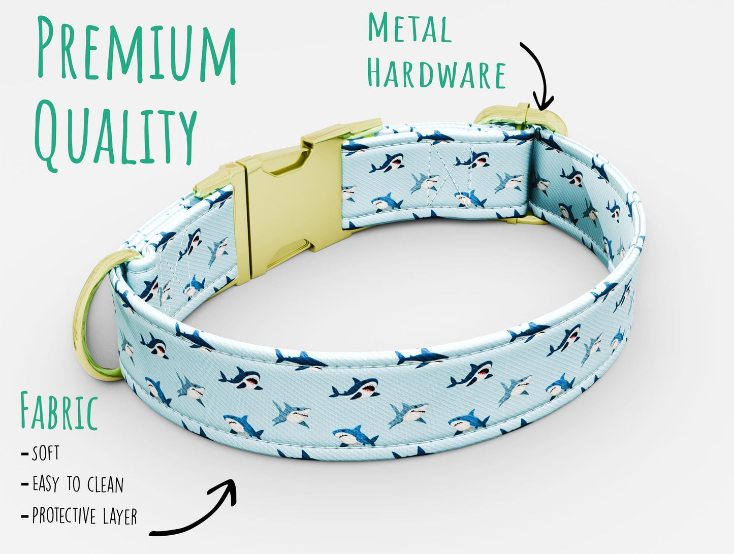 Personalized Shark Print Dog Collar with Leash: USA Handmade, Metal Buckle