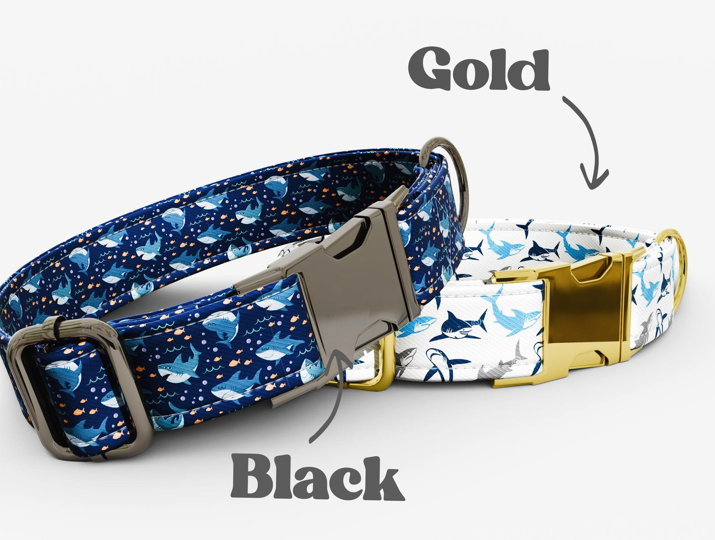 Personalized Shark Print Dog Collar with Leash: USA Handmade, Metal Buckle