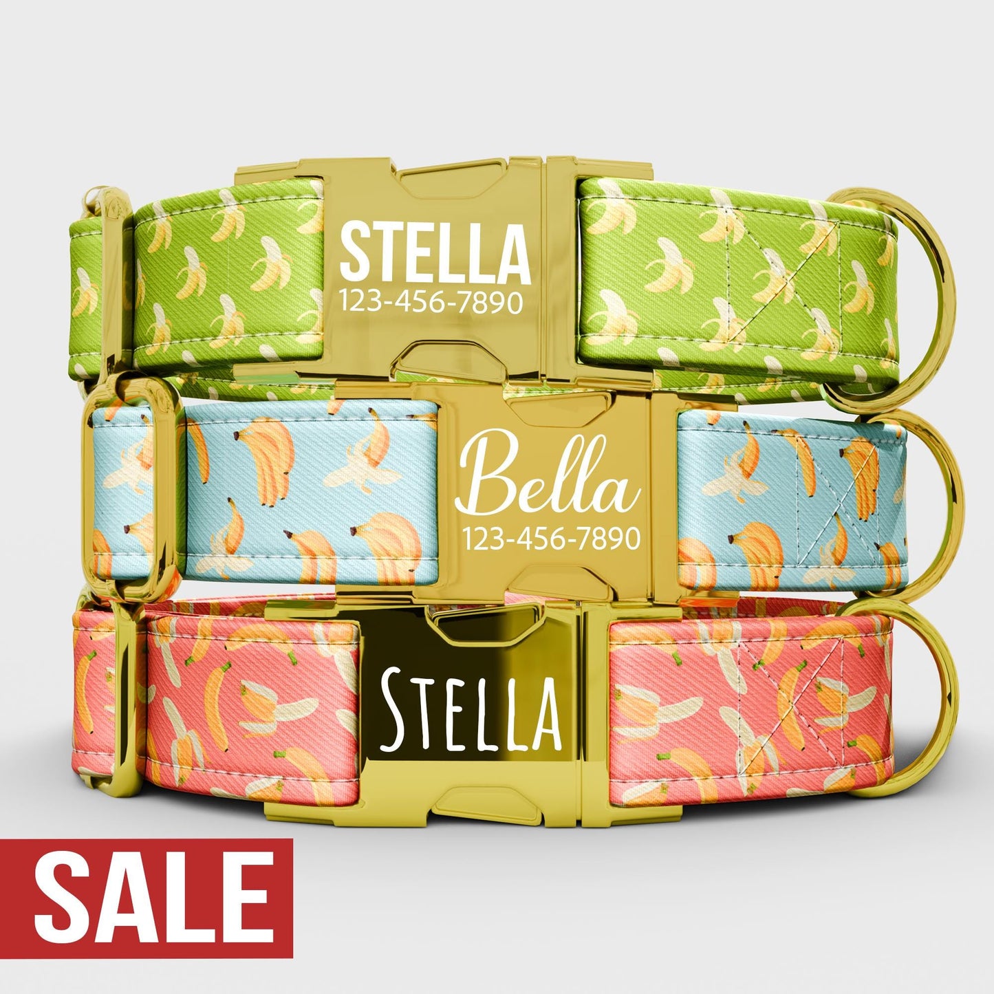 Personalized Banana Print Dog Collar with Leash: Adjustable Metal Buckle