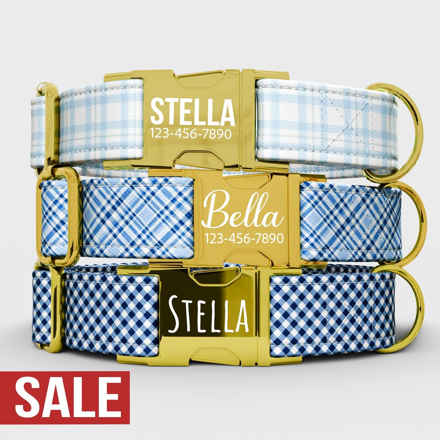 Personalized Blue Plaid Dog Collar with Leash: Tartan Custom Collar