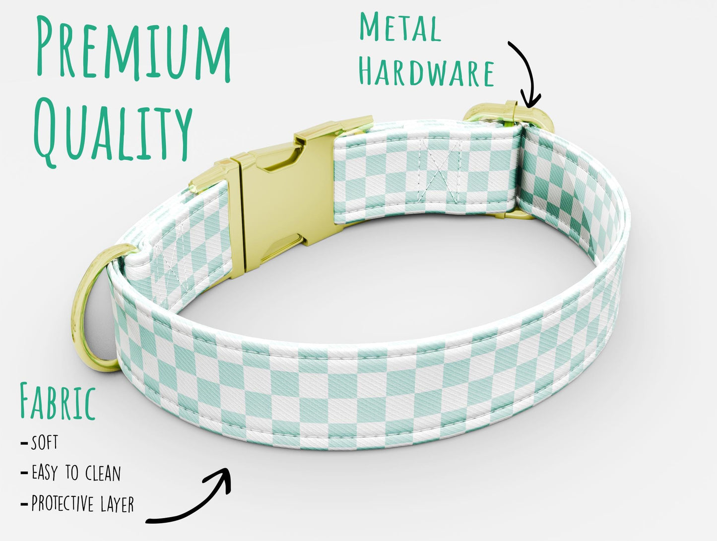 Checkered Dog Collar with Leash: Personalized Pink & Teal, USA Handmade