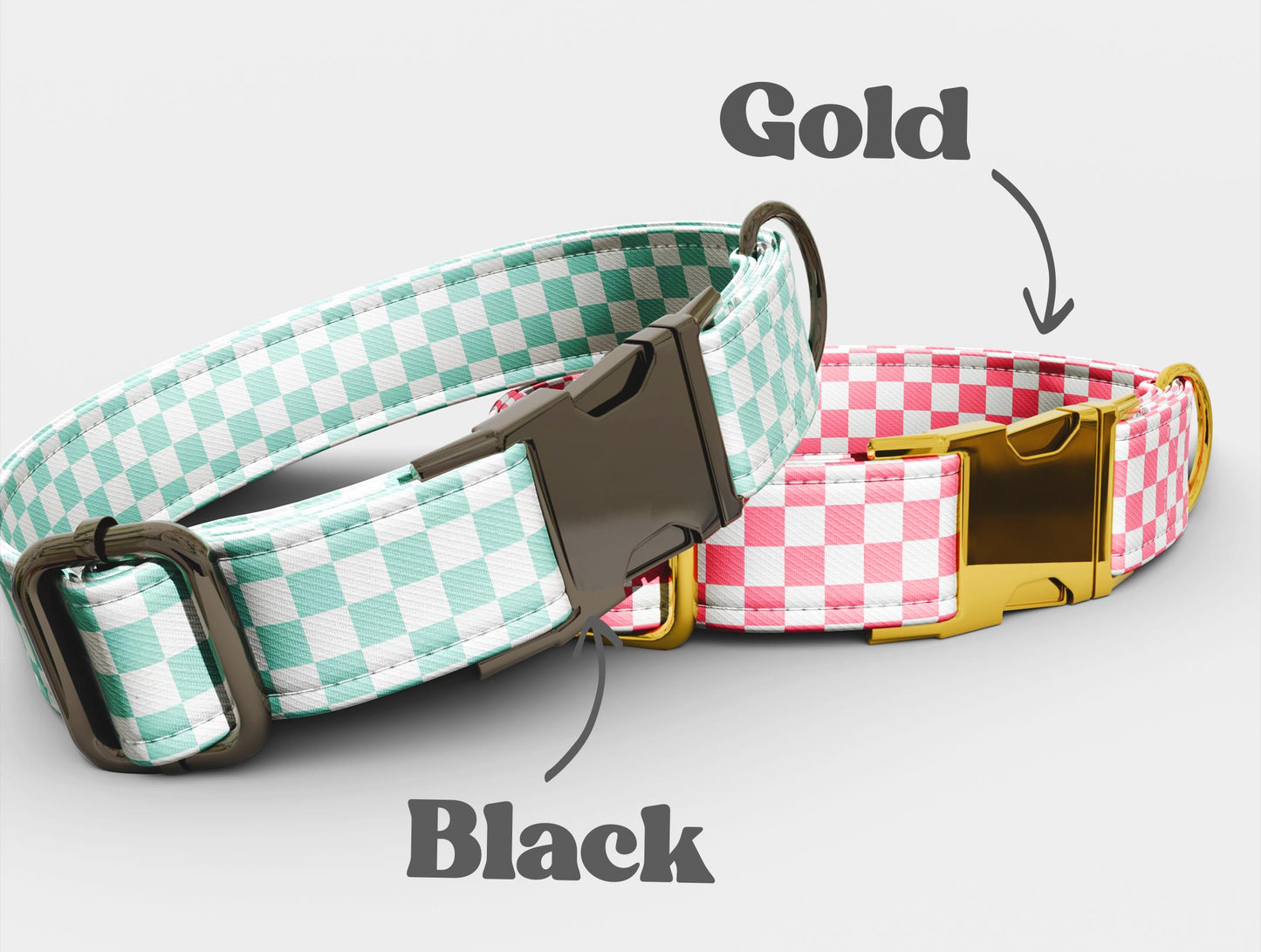 Checkered Dog Collar with Leash: Personalized Pink & Teal, USA Handmade