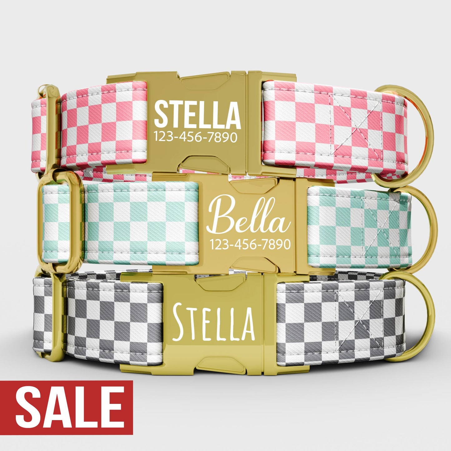 Checkered Dog Collar with Leash: Personalized Pink & Teal, USA Handmade