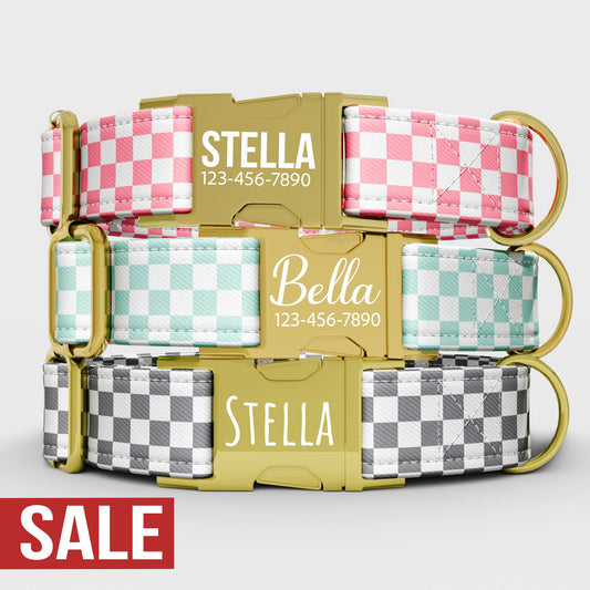 Checkered Dog Collar with Leash: Personalized Pink & Teal, USA Handmade