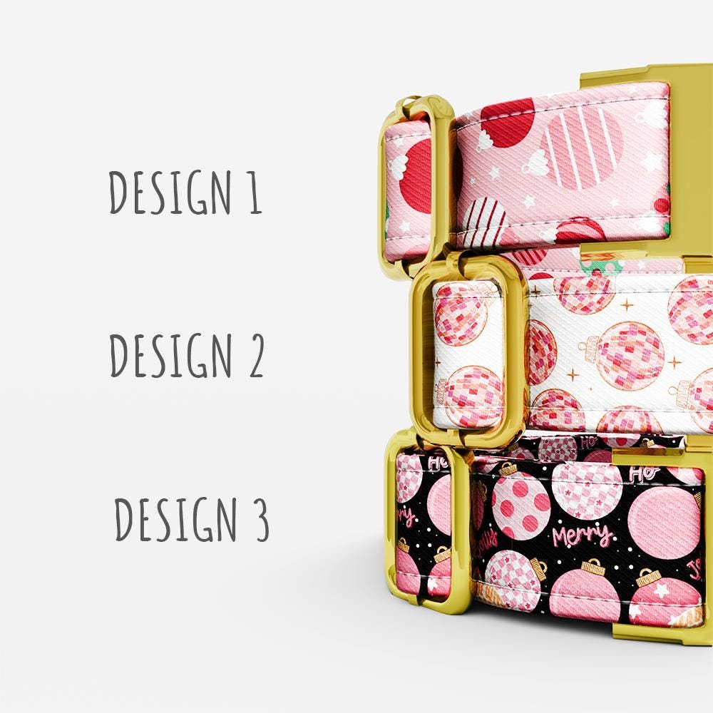 Personalized Christmas Dog Collar with Leash: Pink Holiday Theme, Adjustable Metal Buckle