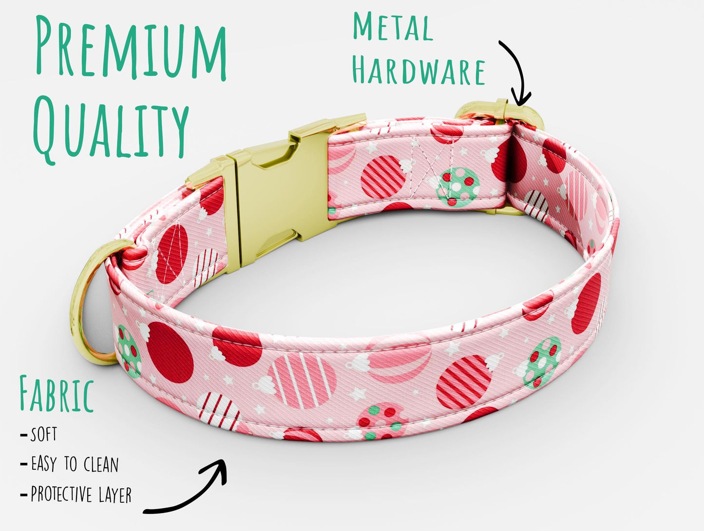 Personalized Christmas Dog Collar with Leash: Pink Holiday Theme, Adjustable Metal Buckle