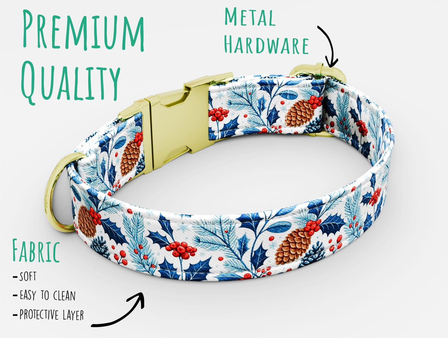 Blue Mistletoe Dog Collar: Holiday Theme, Adjustable, with Leash