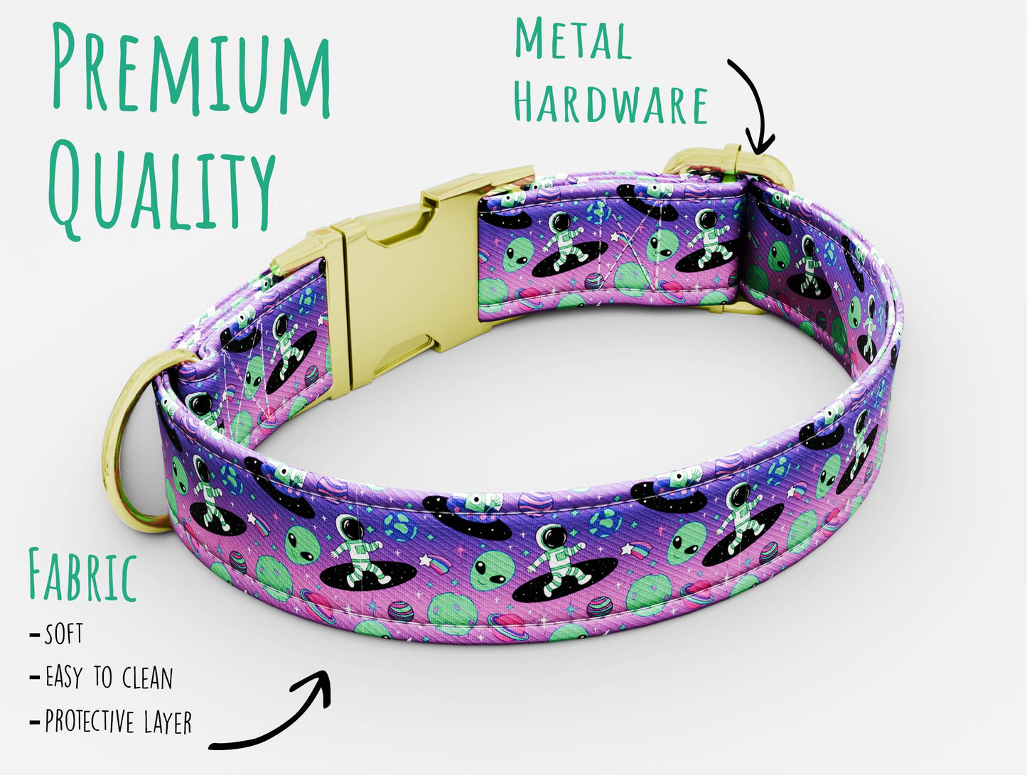 Custom Alien Dog Collar with Leash: UFO Theme, Adjustable Metal Buckle