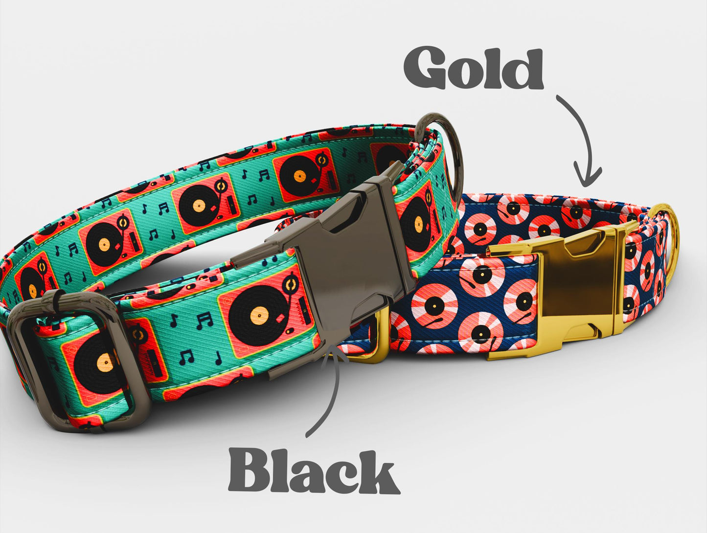 Vinyl Record Dog Collar with Leash: Personalized Music Theme, Adjustable Metal Buckle