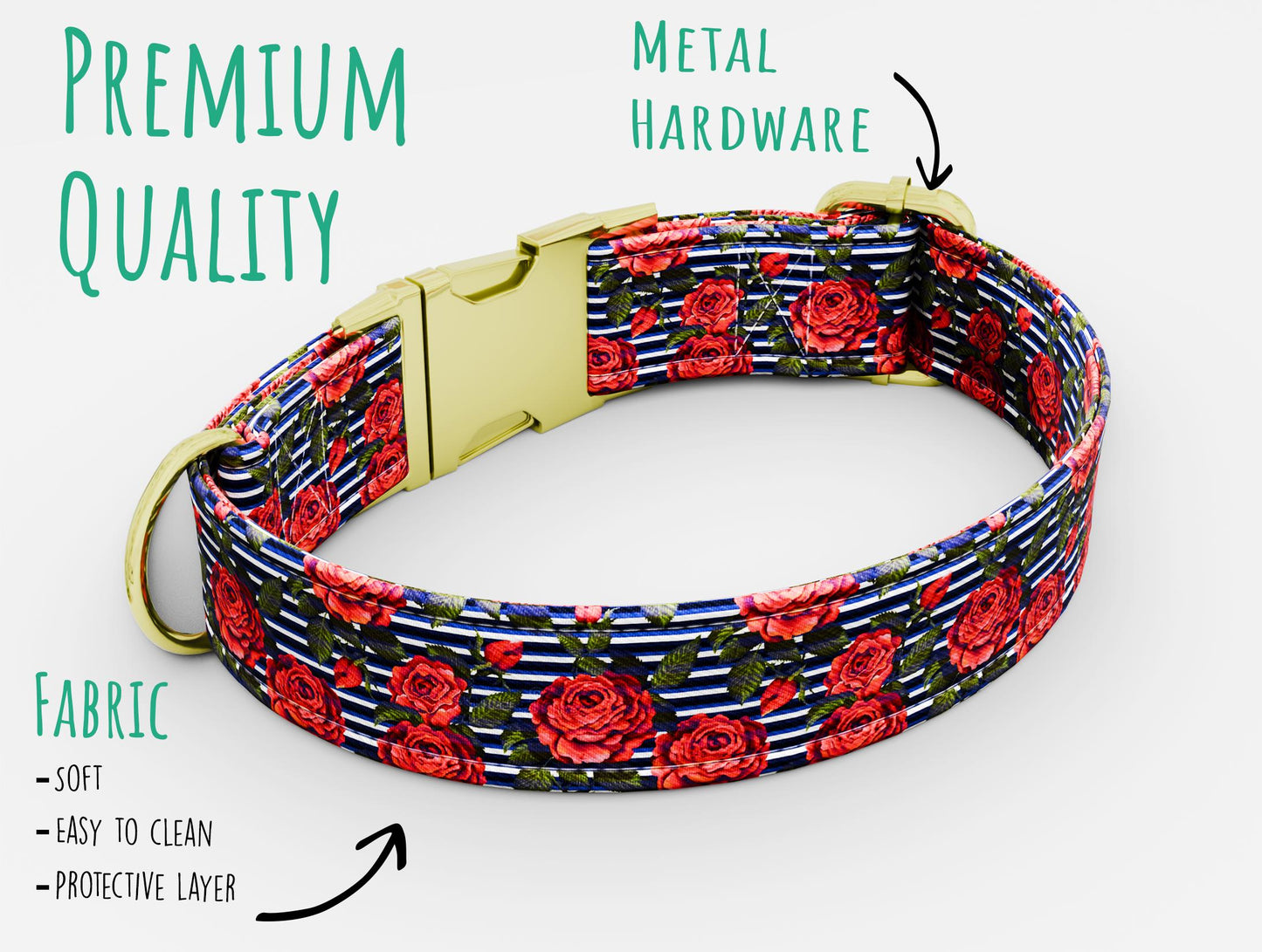 Personalized Red Rose Dog Collar with Leash: Floral Custom Collar