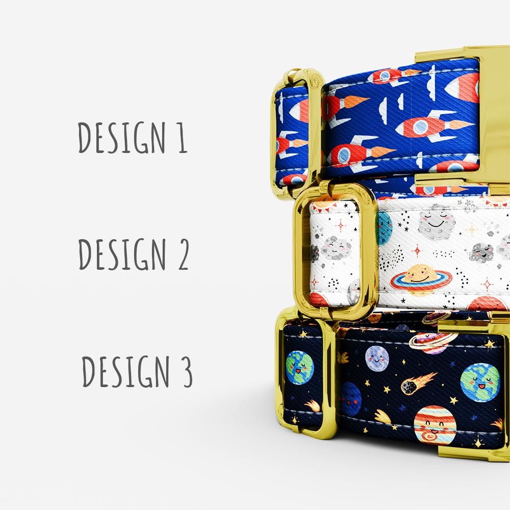 Personalized Space Dog Collar with Leash: Rocket & Planet Theme, USA Handmade