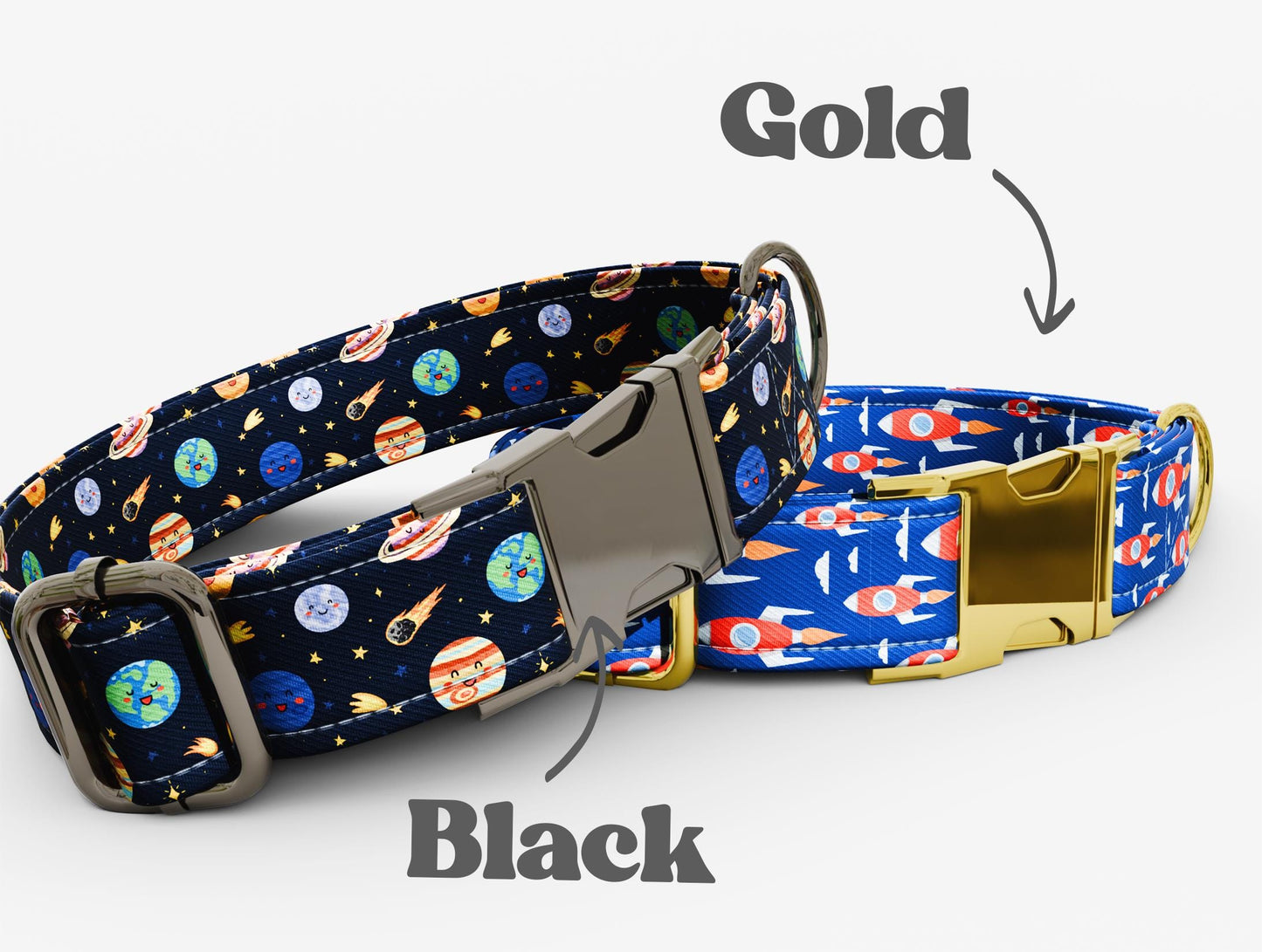 Personalized Space Dog Collar with Leash: Rocket & Planet Theme, USA Handmade