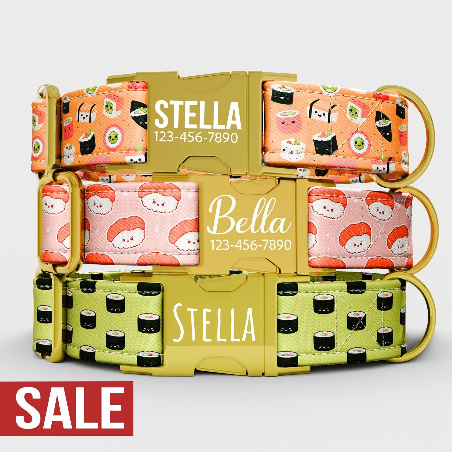 Personalized Sushi Dog Collar with Leash: Japanese Style, USA Handmade