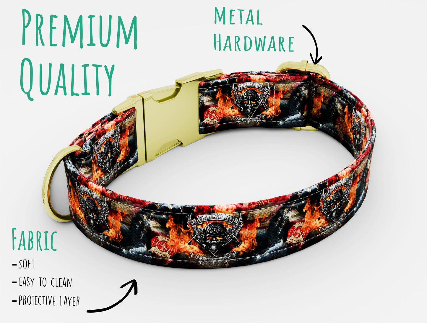 Personalized Firefighter Dog Collar with Leash: Flame Skull Style, Adjustable Metal Buckle