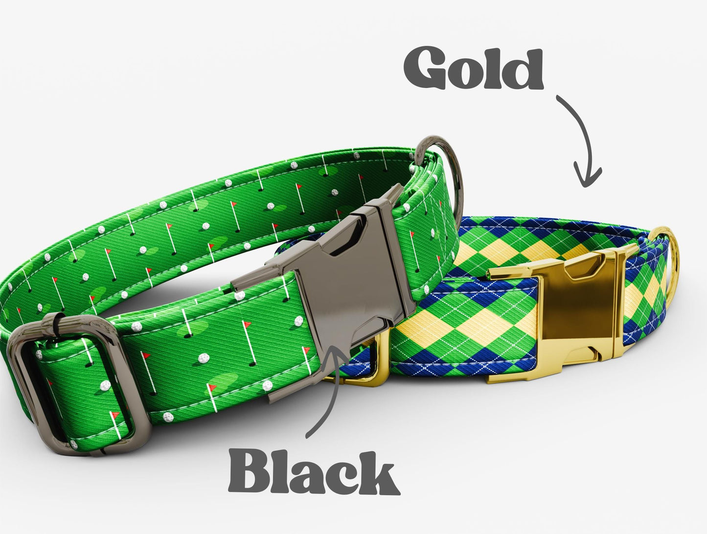 Personalized Golf Dog Collar with Leash: Green Plaid, Adjustable Metal Buckle