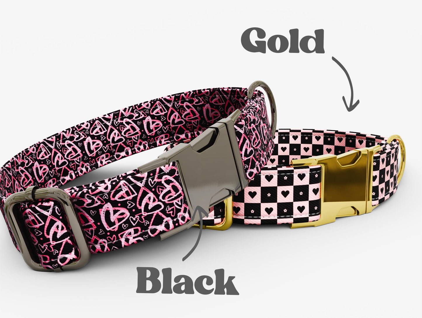 Personalized Pink & Black Hearts Dog Collar with Leash: Custom Valentine's Theme