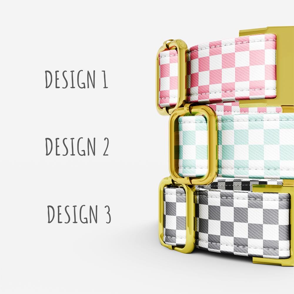 Checkered Dog Collar with Leash: Personalized Pink & Teal, USA Handmade