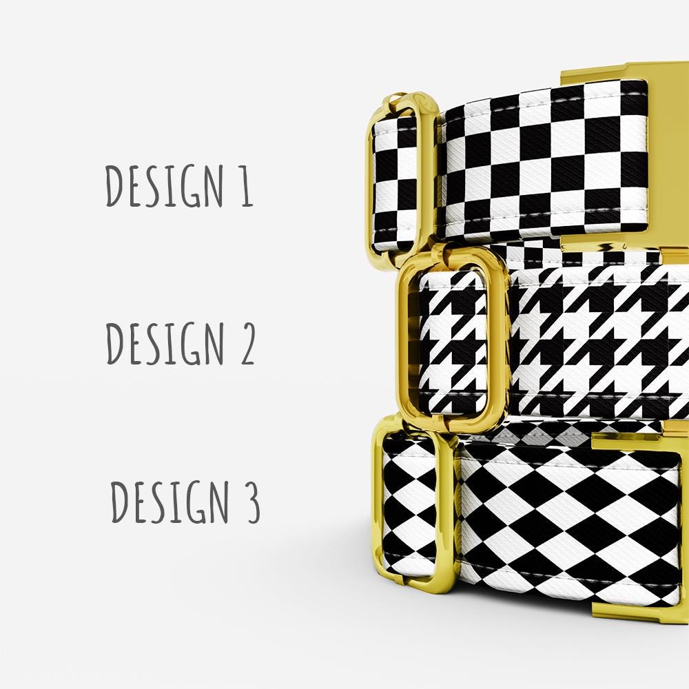 Black & White Checkered Dog Collar with Leash: Custom Personalized, USA Handmade