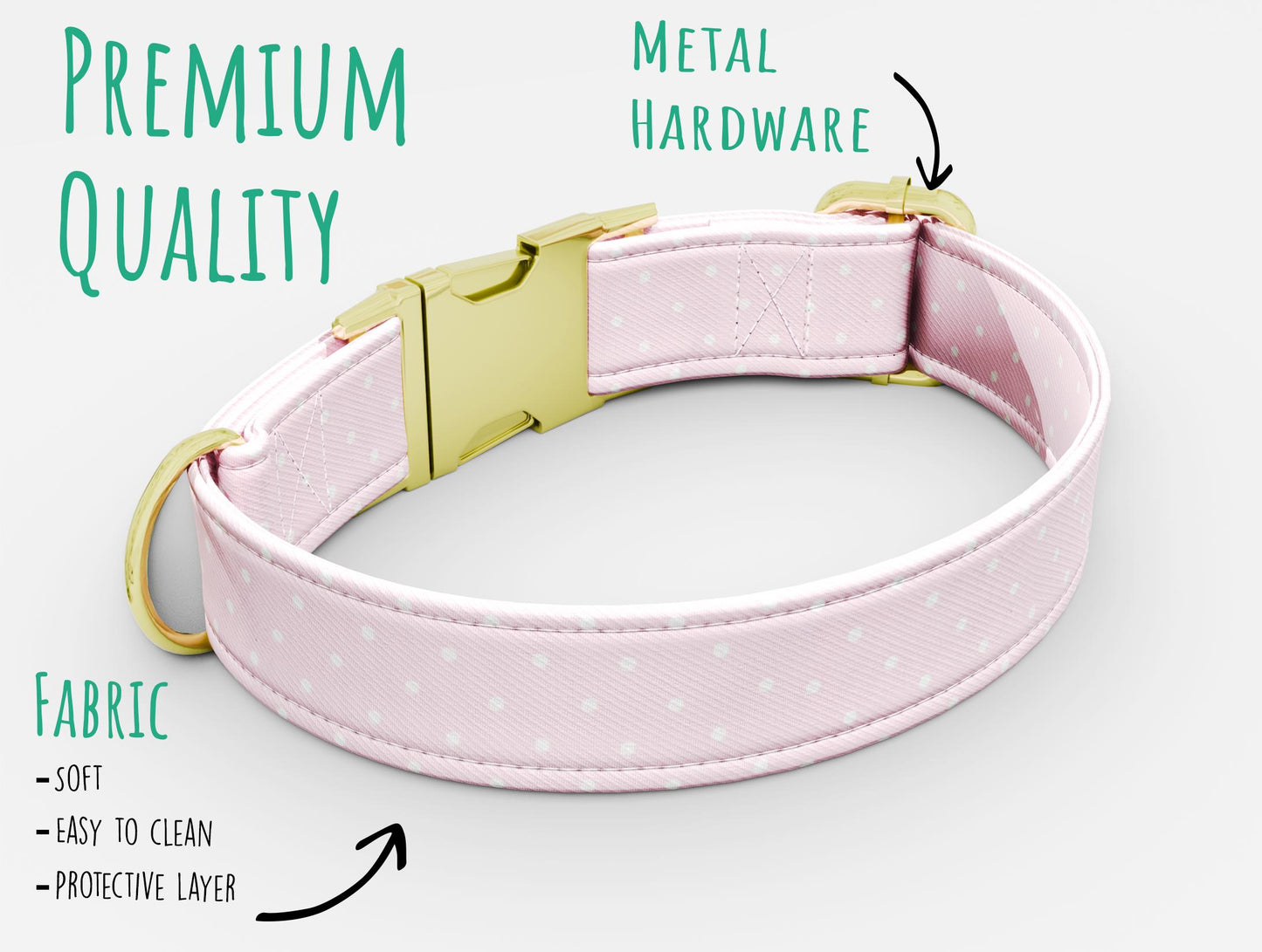 Pink Polkadot Dog Collar with Leash: Personalized Blush, Adjustable, Handmade