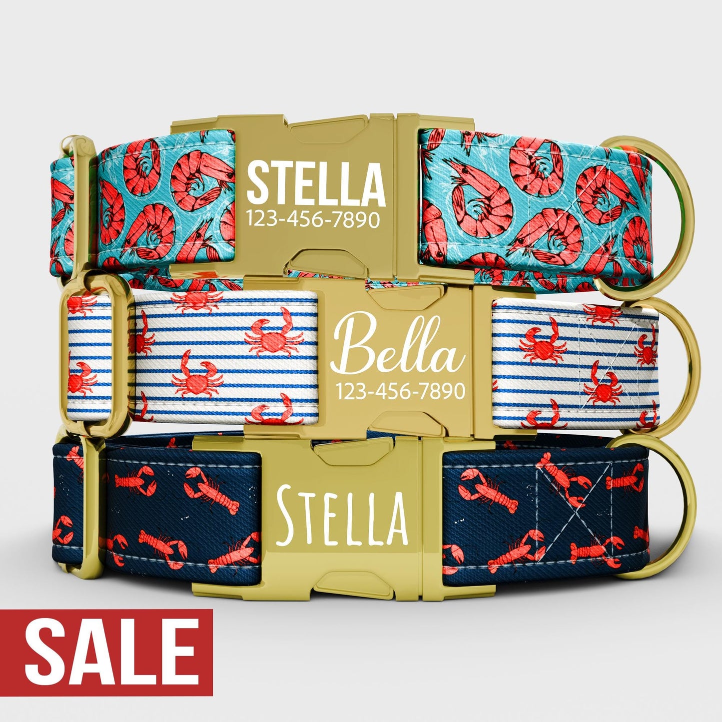 Seafood Dog Collar: Lobster Crab Print, Blush Pink, Personalized with Leash