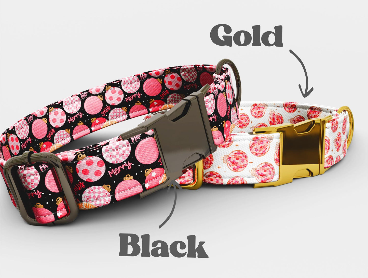 Personalized Christmas Dog Collar with Leash: Pink Holiday Theme, Adjustable Metal Buckle