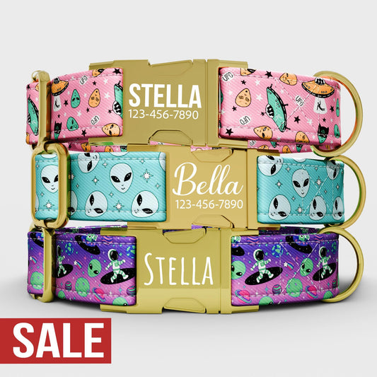 Custom Alien Dog Collar with Leash: UFO Theme, Adjustable Metal Buckle