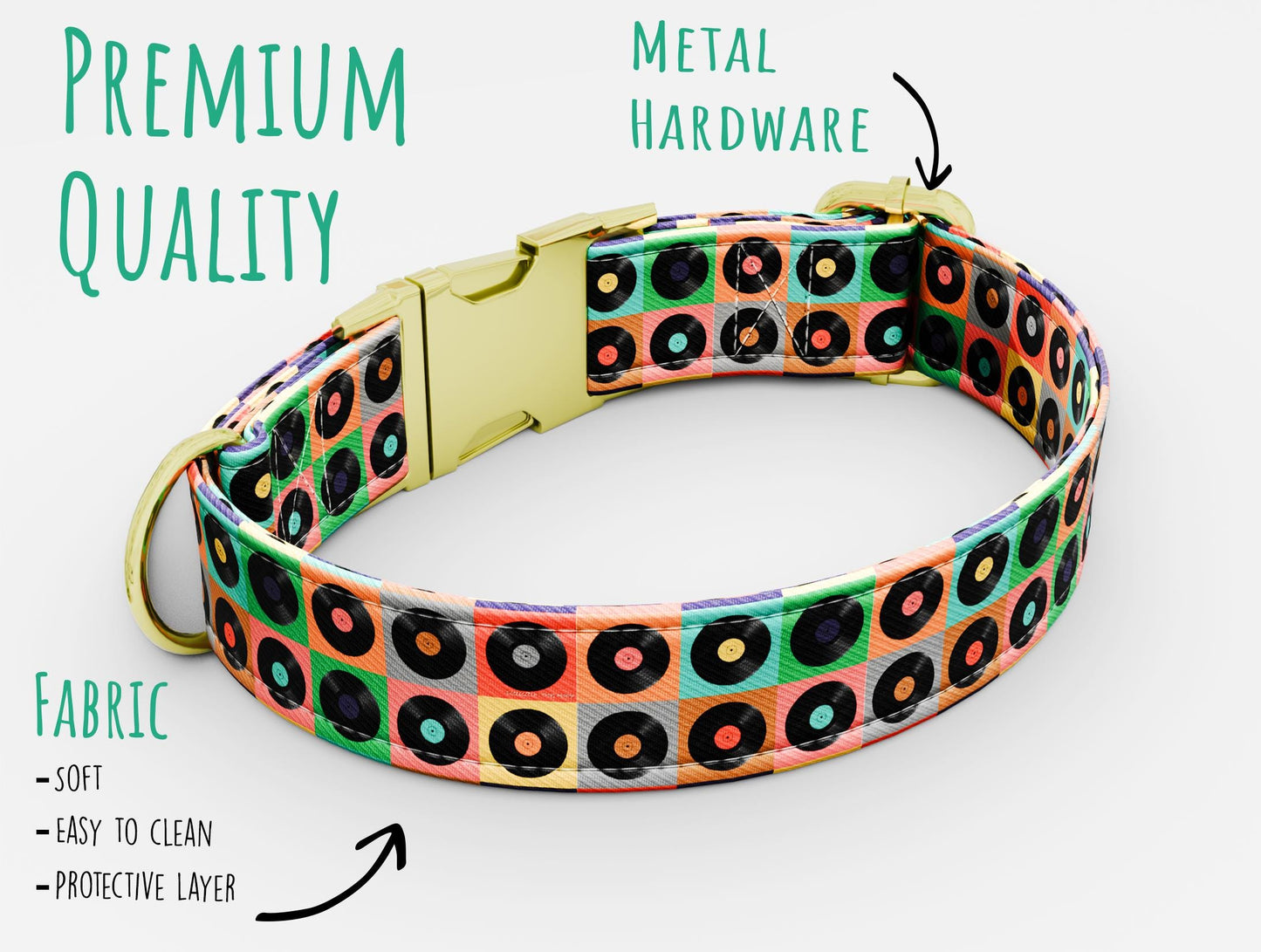 Vinyl Record Dog Collar with Leash: Personalized Music Theme, Adjustable Metal Buckle