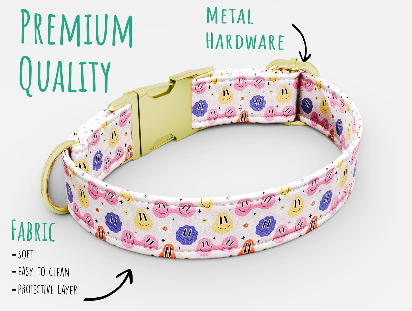 Smiley Face Dog Collar with Leash: Custom Adjustable, Metal Buckle