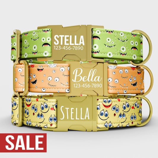 Monster Faces Dog Collar with Leash: Custom Adjustable, USA Handmade