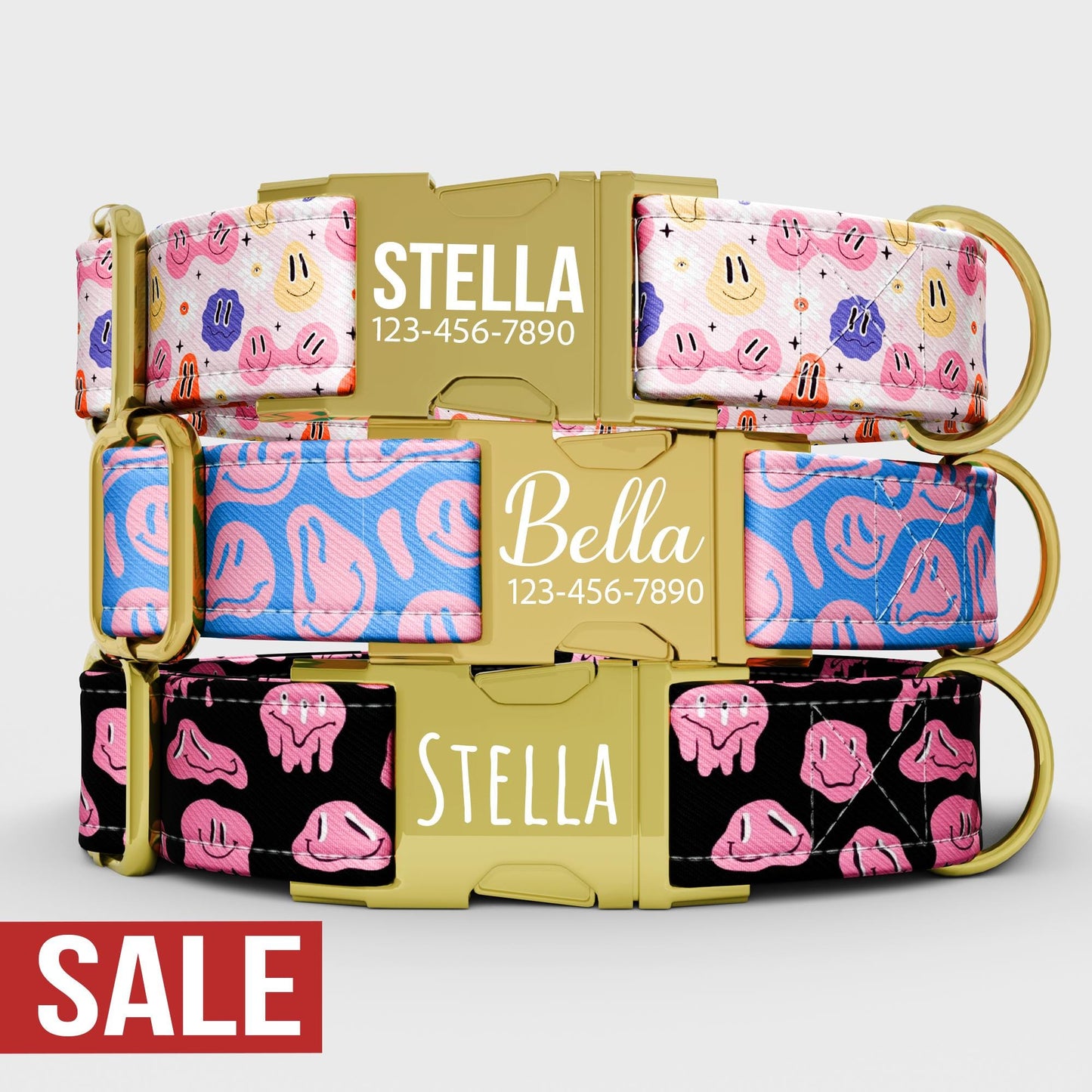 Smiley Face Dog Collar with Leash: Custom Adjustable, Metal Buckle