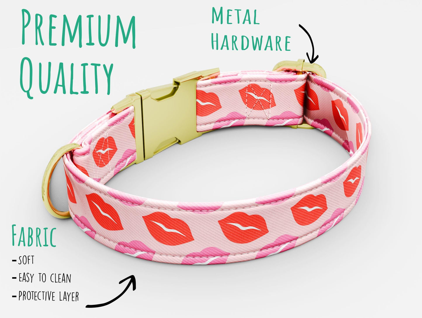 Pink Lip Mark Dog Collar: Kiss XOXO Theme, USA Handmade