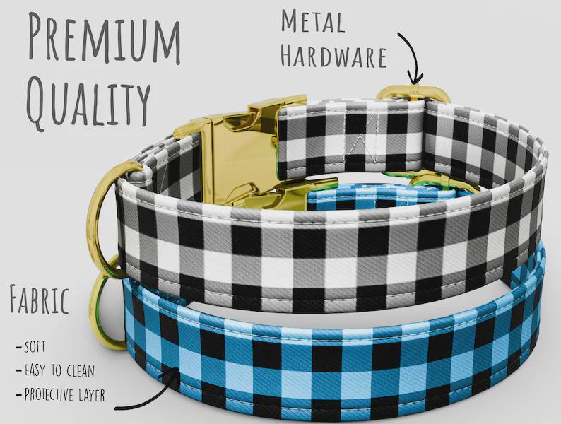 Buffalo Plaid Dog Collar with Leash: Personalized Checkered Holiday Collar