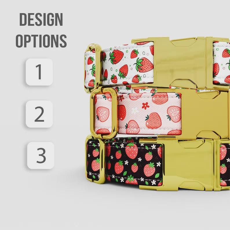 Strawberry Dog Collar: Personalized Adjustable Metal Buckle, with Leash