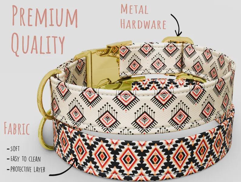 Personalized Boho Dog Collar with Leash, Bohemian style pet Leash Adjustable Metal Buckle BBP-112