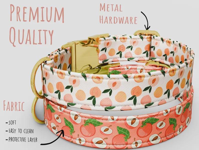 Peaches Dog Collar: Fruit Theme, Personalized Custom Metal Buckle, with Leash