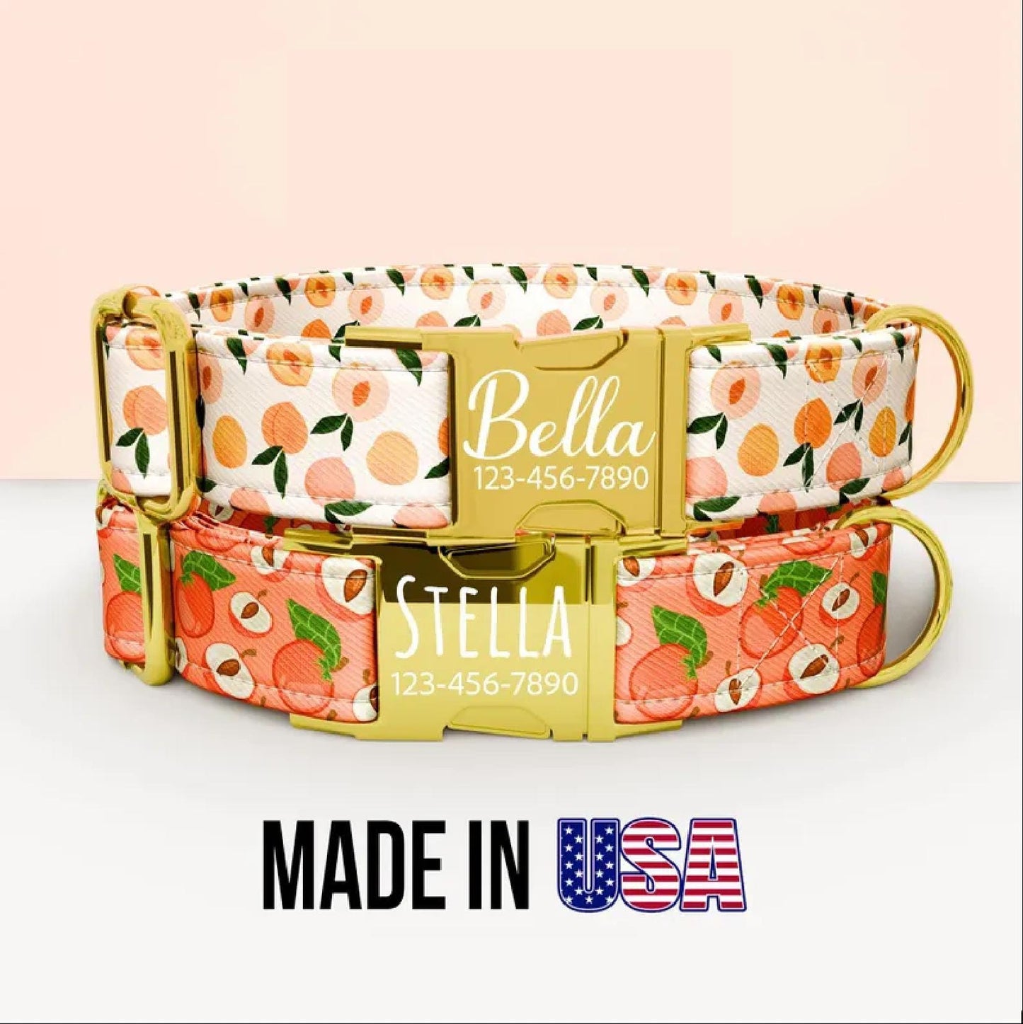 Peaches Dog Collar: Fruit Theme, Personalized Custom Metal Buckle, with Leash