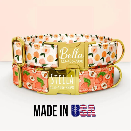 Peaches Dog Collar: Fruit Theme, Personalized Custom Metal Buckle, with Leash