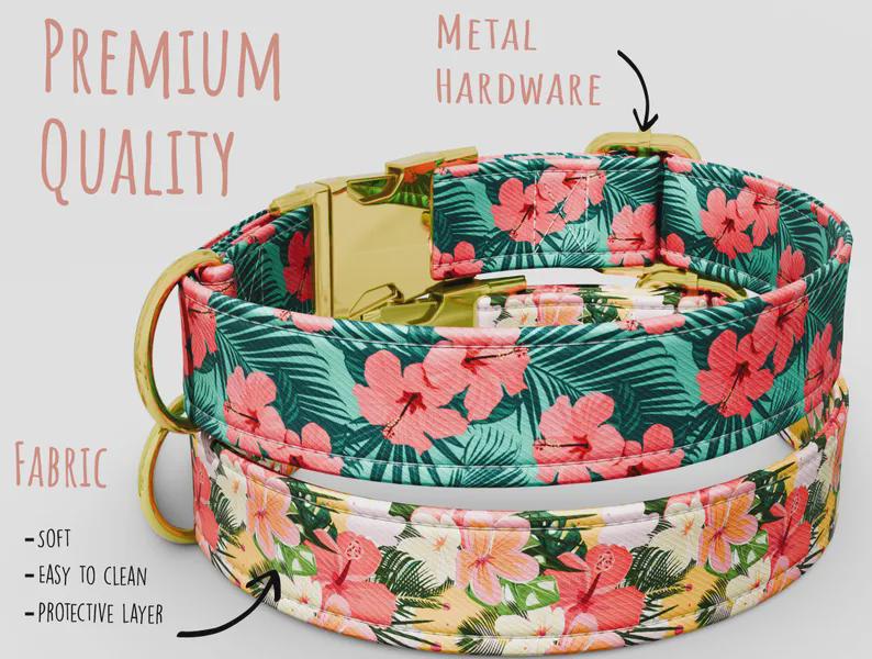 Luau Flower Dog Collar: Aloha Hawaiian Theme, Adjustable Metal Buckle
