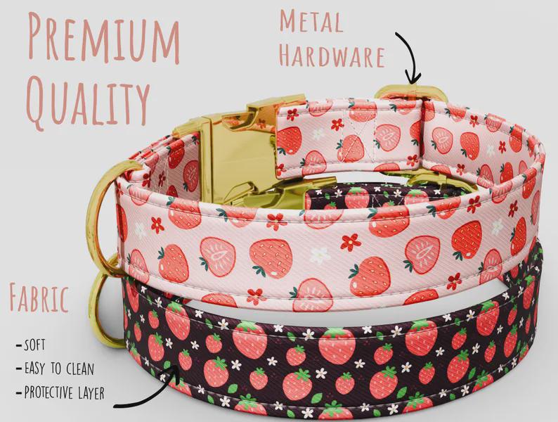 Strawberry Dog Collar: Personalized Adjustable Metal Buckle, with Leash